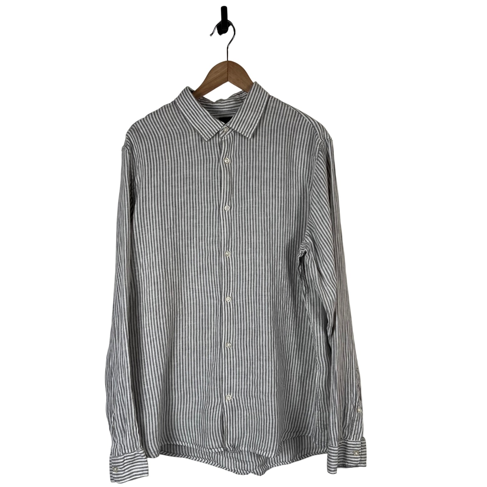 Gap Mens Grey White Striped 100% Linen Long Sleeve Button Down Shirt Large